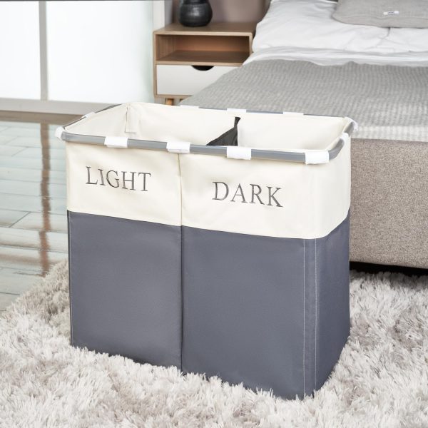 Lights and Darks Folding Laundry Sorter Basket Box Bag Bin Hamper Washing Cloths Storage 2 Compartments Metal - Grey - Image 7
