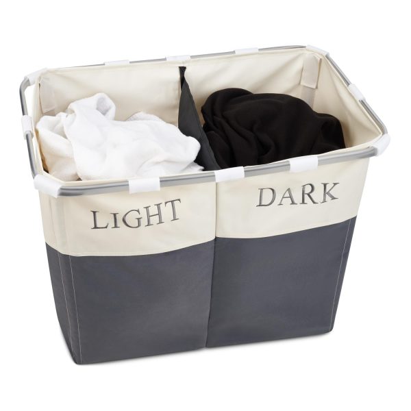 Lights and Darks Folding Laundry Sorter Basket Box Bag Bin Hamper Washing Cloths Storage 2 Compartments Metal - Grey - Image 8