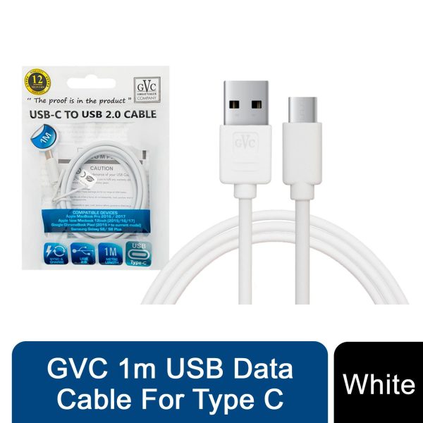 GVC USB to Type C Data Cable for Syncing & Charging, 1 Metre - White