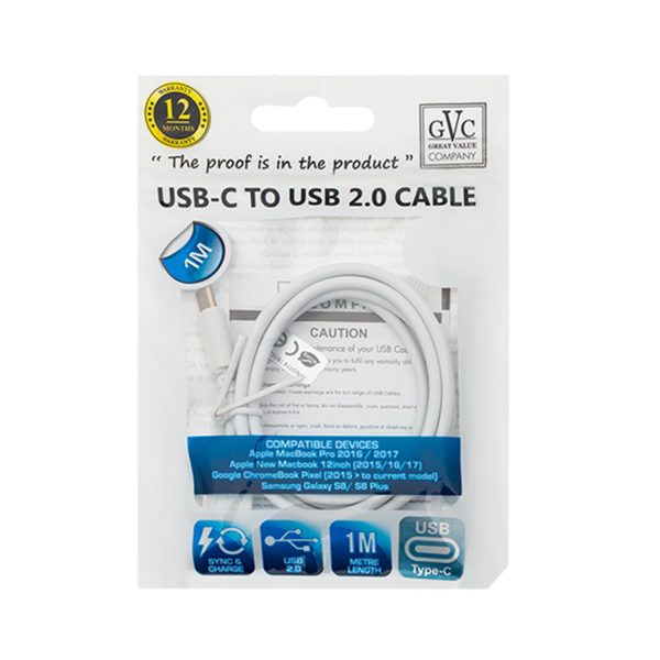 GVC USB to Type C Data Cable for Syncing & Charging, 1 Metre - White - Image 5
