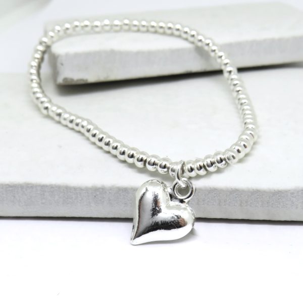 Puff Heart Silver Beaded Stretch Bracelet - Image 2