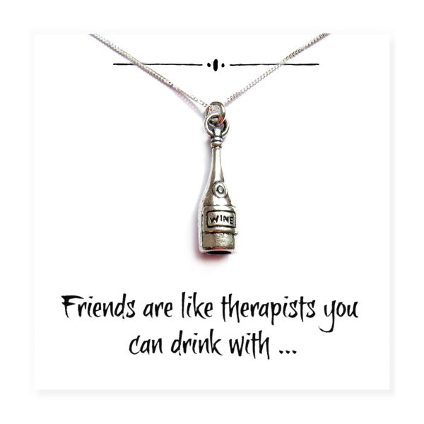 Friends Funny Wine Bottle Charm Necklace on Message Card