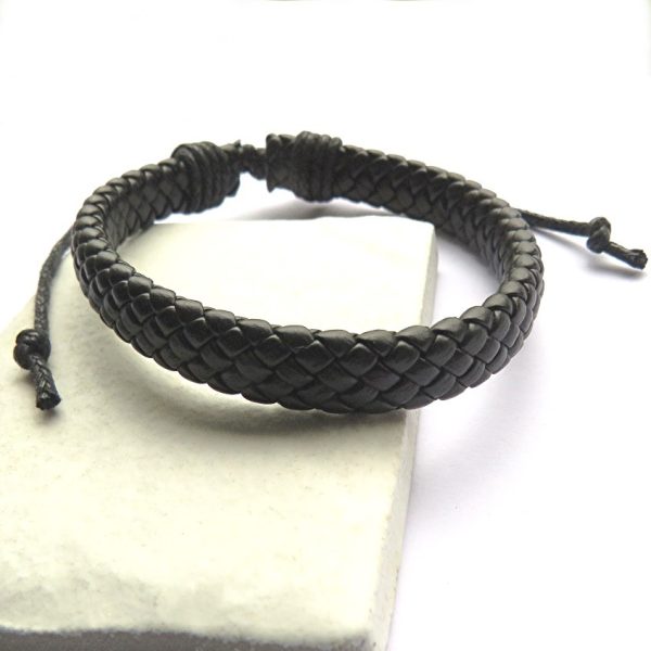 Men's Black Leather Weave Bracelet - Image 2