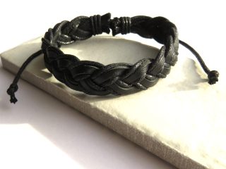 Mens Black Pleated Leather Bracelet