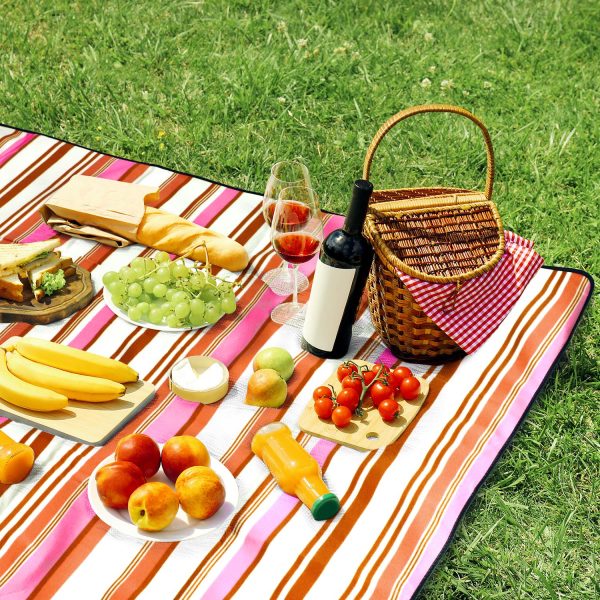170 x 130cm Folding Picnic Blanket Waterproof & Sandproof - Pink Stripe - Image 3