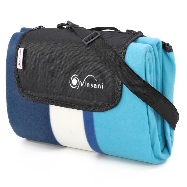 170 x 130cm Folding Picnic Blanket Waterproof & Sandproof - Aqua Stripe