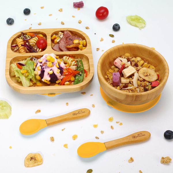 VINSANI BAMBOO BOWL, SQUARE PLATE & SPOON SET YELLOW 0000250