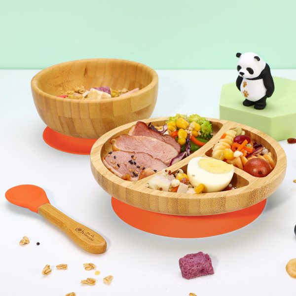 VINSANI BAMBOO BOWL, ROUND PLATE & SPOON SET ORANGE 0000246