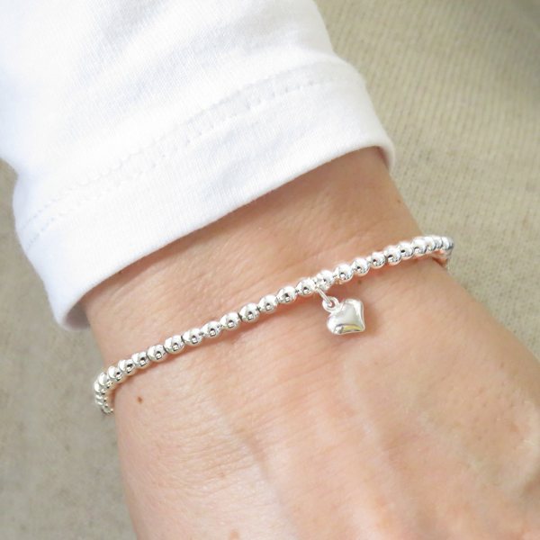 Girls Mini Puff Heart Silver Beaded Bracelet - Image 2