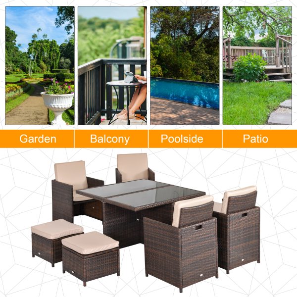 9PC Rattan Garden Furniture Set 8 Wicker Dining Chairs Footrest Table - Brown - Image 7