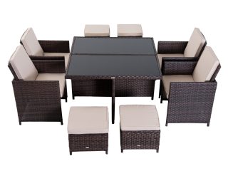 9PC Rattan Garden Furniture Set 8 Wicker Dining Chairs Footrest Table - Brown