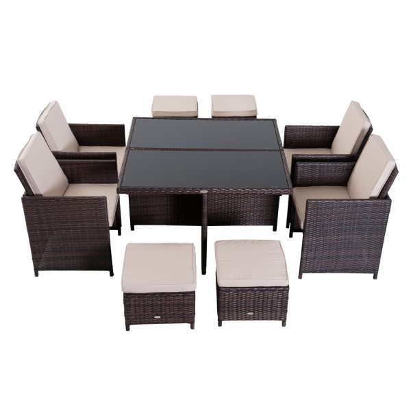9PC Rattan Garden Furniture Set 8 Wicker Dining Chairs Footrest Table - Brown