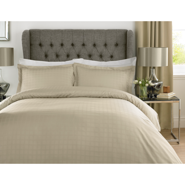 400TC - 100% Cotton Satin Stripe Check Duvet Set Latte [Double]