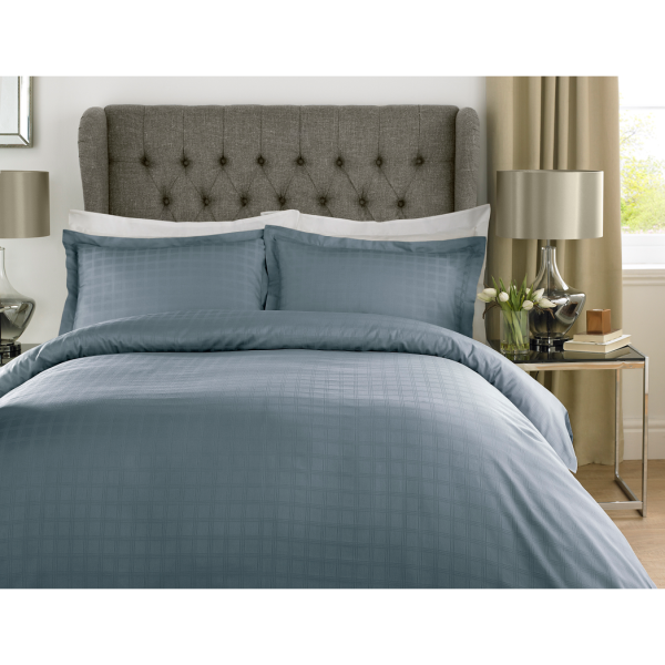 400TC - 100% Cotton Satin Stripe Check Duvet Set Smoky Blue [Super King]