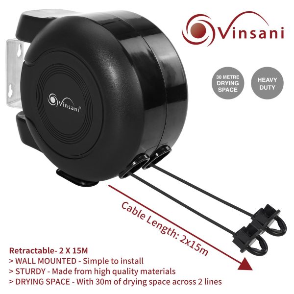 Retractable Washing Line with Twin Cable 30m of Drying Space Full Black - Image 6