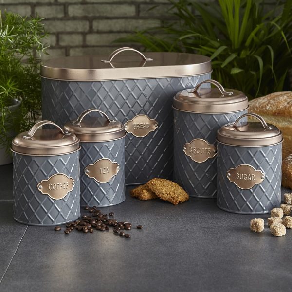 5 Piece Kitchen Canister Set - Hexagonal Grey & Copper