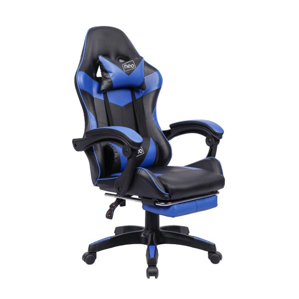 Leather Recliner Computer Gaming Office Chair With Footrest - Blue - Image 2