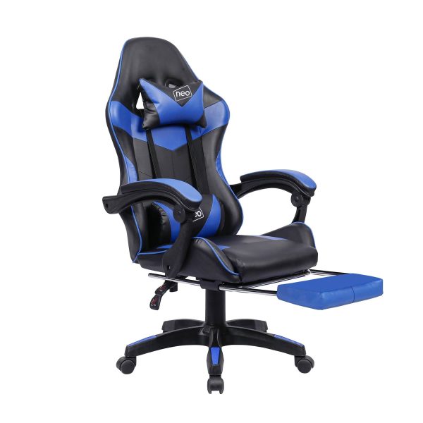 Leather Recliner Computer Gaming Office Chair With Footrest - Blue - Image 3