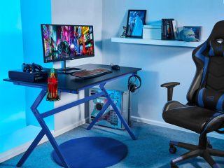 Ergonomic Gaming Desk with Headphone Hook - Blue
