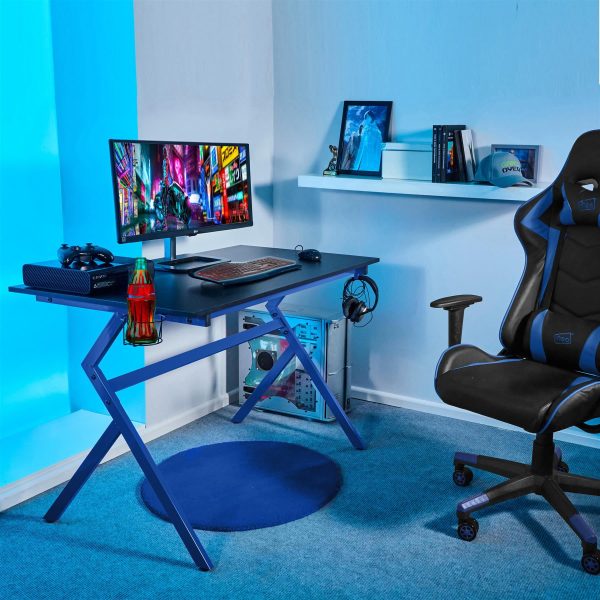 Ergonomic Gaming Desk with Headphone Hook - Blue