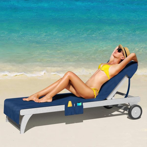 Vinsani Sun Lounger Beach Towel Carry with Pockets Sand Free Compact Bag Soft Microfibre Quick Dry Lightweight 215 x 73 cm for Holiday Summer Garden Swim Pool Beach Lounger Towels – Navy Blue - Image 2