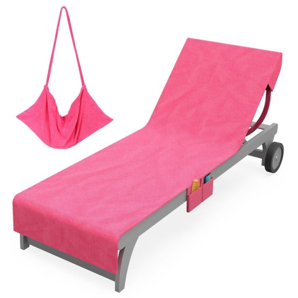 Vinsani Sun Lounger Beach Towel Carry with Pockets Sand Free Compact Bag Soft Microfibre Quick Dry Lightweight 215 x 73 cm for Holiday Summer Garden Swim Pool Beach Lounger Towels – Pink
