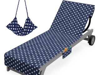 Vinsani Sun Lounger Beach Towel Carry with Pockets Sand Free Compact Bag Soft Microfibre Quick Dry Lightweight 215 x 73 cm for Holiday Summer Garden Swim Pool Beach Lounger Towels – Navy with Stars