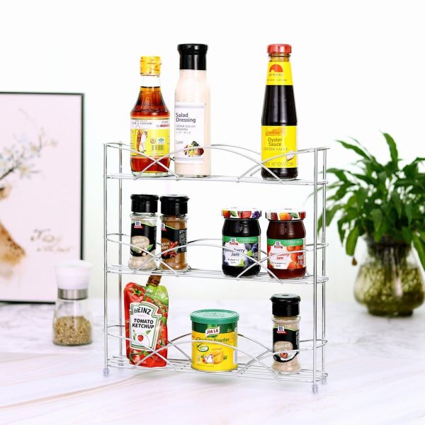 Vinsani Spice Rack 3 Tiers - Kitchen Shelf Organiser for Jars Bottles Space Saving Storage - Free Standing - Silver - Image 2