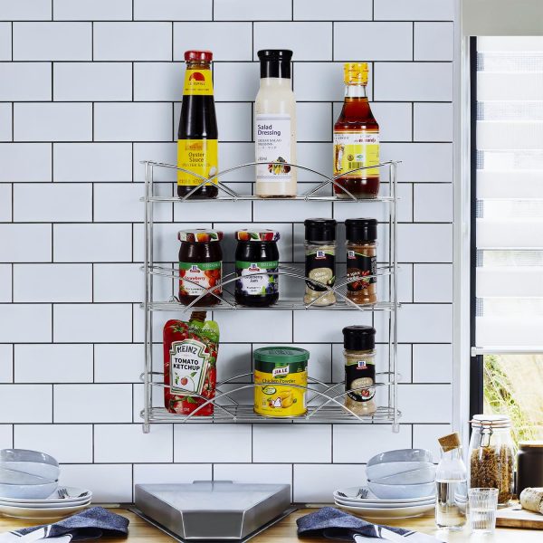Vinsani Spice Rack 3 Tiers - Kitchen Shelf Organiser for Jars Bottles Space Saving Storage - Free Standing - Silver - Image 7