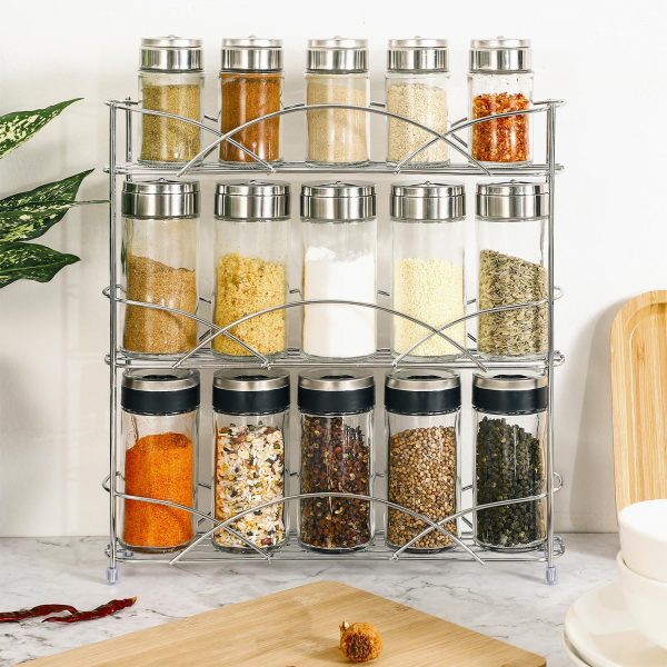 Vinsani Spice Rack 3 Tiers - Kitchen Shelf Organiser for Jars Bottles Space Saving Storage - Free Standing - Silver - Image 8