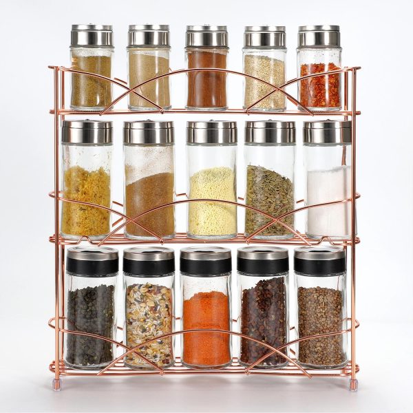 Vinsani Spice Rack 3 Tiers - Kitchen Shelf Organiser for Jars Bottles Space Saving Storage - Free Standing - Rose Gold - Image 6