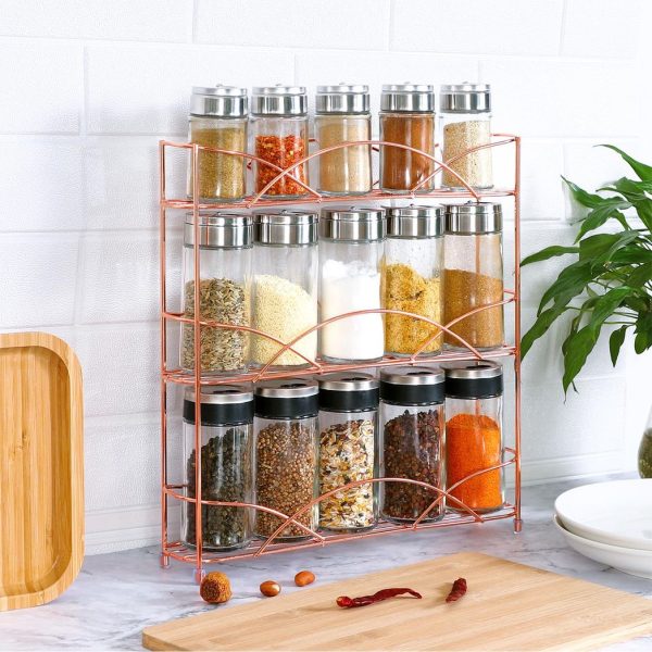 Vinsani Spice Rack 3 Tiers - Kitchen Shelf Organiser for Jars Bottles Space Saving Storage - Free Standing - Rose Gold - Image 2