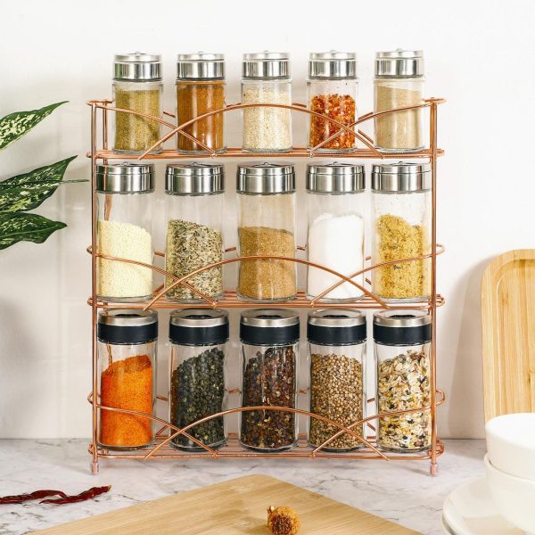Vinsani Spice Rack 3 Tiers - Kitchen Shelf Organiser for Jars Bottles Space Saving Storage - Free Standing - Rose Gold - Image 5
