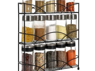 Vinsani Spice Rack 3 Tiers - Kitchen Shelf Organiser for Jars Bottles Space Saving Storage - Free Standing - Black