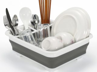 Vinsani Dish Drainer Collapsible Portable Folding Cutlery Plate Holder Drying Kitchen Non-Scratch Space Saver Draining Sink Rack  Ideal for Home, Camping and Travelling - White & Grey