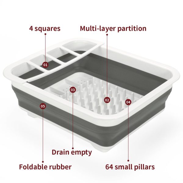 Vinsani Dish Drainer Collapsible Portable Folding Cutlery Plate Holder Drying Kitchen Non-Scratch Space Saver Draining Sink Rack  Ideal for Home, Camping and Travelling - White & Grey - Image 4