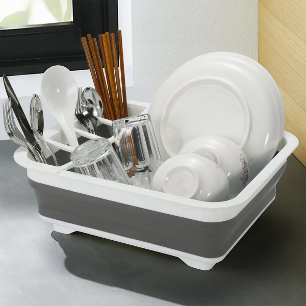 Vinsani Dish Drainer Collapsible Portable Folding Cutlery Plate Holder Drying Kitchen Non-Scratch Space Saver Draining Sink Rack  Ideal for Home, Camping and Travelling - White & Grey - Image 2