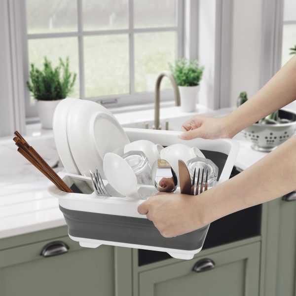 Vinsani Dish Drainer Collapsible Portable Folding Cutlery Plate Holder Drying Kitchen Non-Scratch Space Saver Draining Sink Rack  Ideal for Home, Camping and Travelling - White & Grey - Image 6