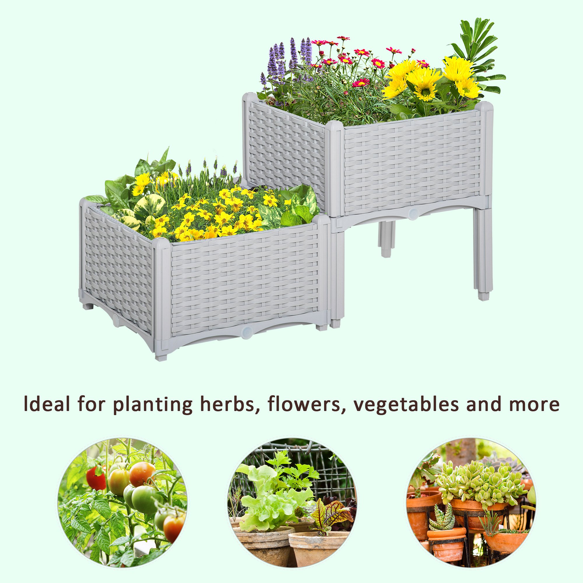 2 Set Garden Raised Bed Elevated Patio Flower Planter Box PP Vegetables Grey - Image 6