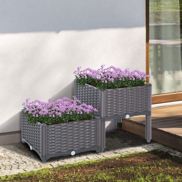 PP Set Of 2 Raised Outdoor Garden Planter Box Brown