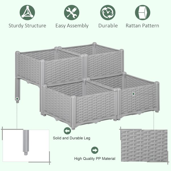 Set of 4 Garden Raised Bed Elevated Patio Flower Planter Box PP Vegetables Grey - Image 3