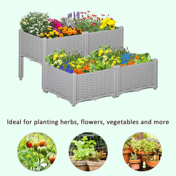 Set of 4 Garden Raised Bed Elevated Patio Flower Planter Box PP Vegetables Grey - Image 6