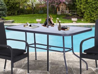 Metal Garden Dining Table Outdoor Patio w/ Glass, Umbrella Hole