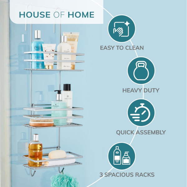 3 Tier Non Rust Hanging Shower Caddy Bathroom Organiser in Silver - Image 5