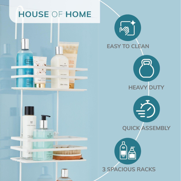 3 Tier Non Rust Hanging Shower Caddy Bathroom Organiser in White - Image 2