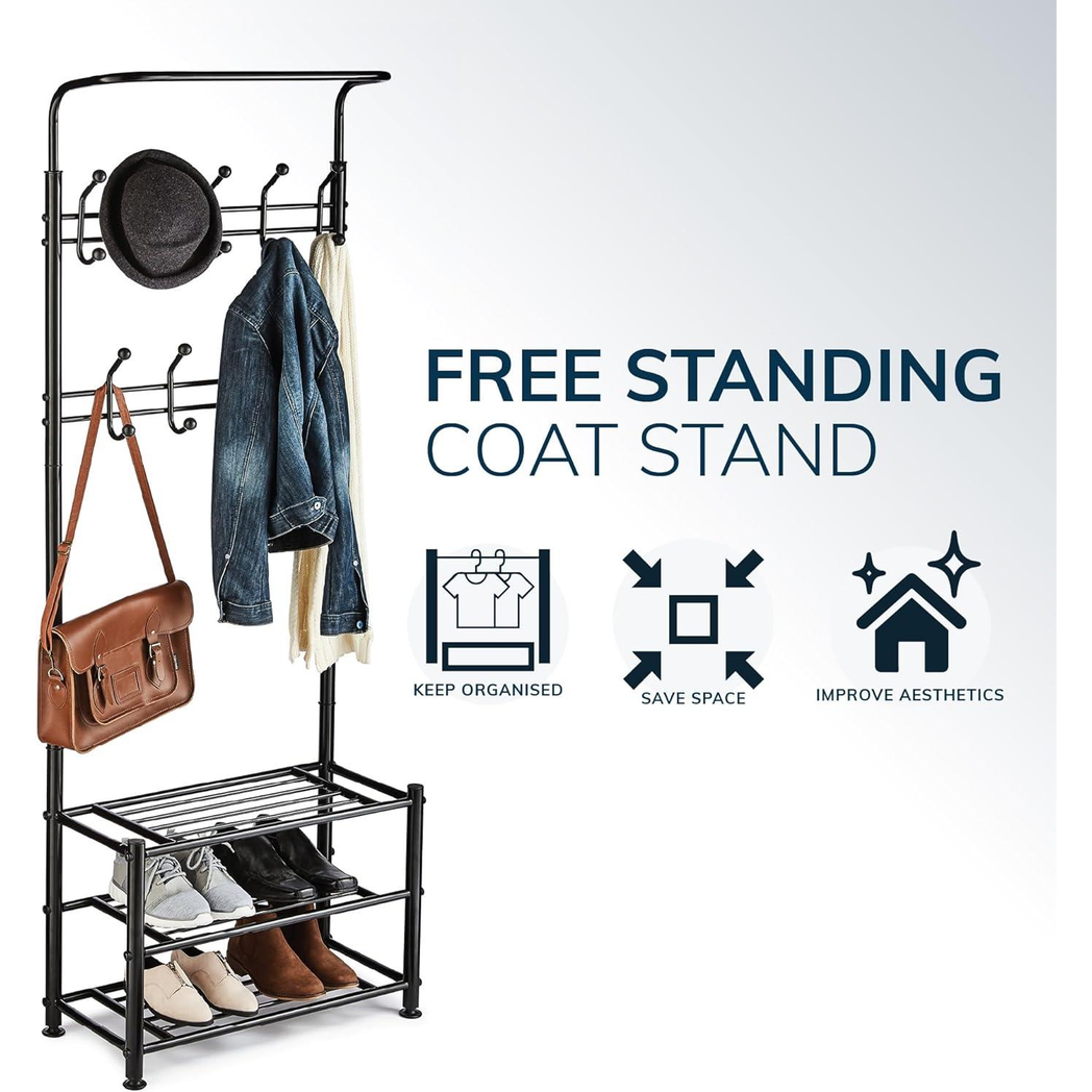 Multi Purpose Stand 18 Hooks For Clothes Shoes Hats Bags - Black - Image 2