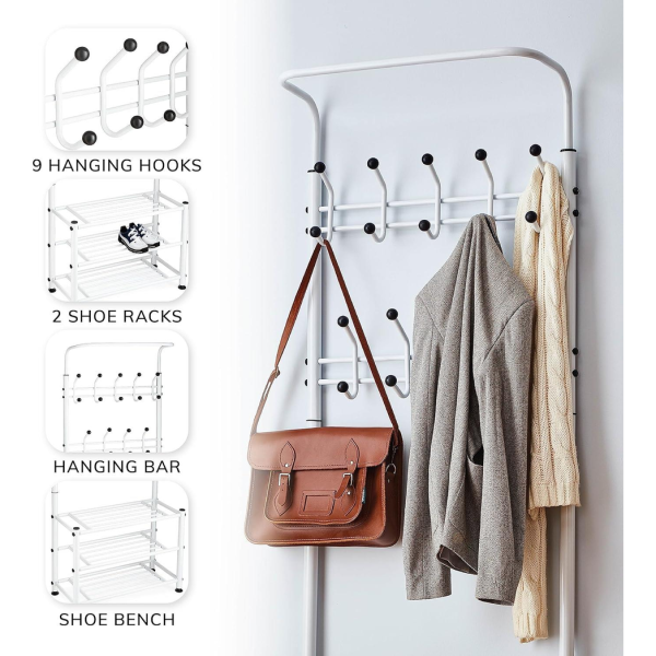 Multi Purpose Stand 18 Hooks For Clothes Shoes Hats Bags - White - Image 3