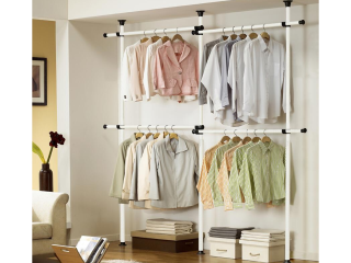 Double Telescopic Wardrobe Organiser Hanging Rail Clothes Rack Adjustable Storage Shelving