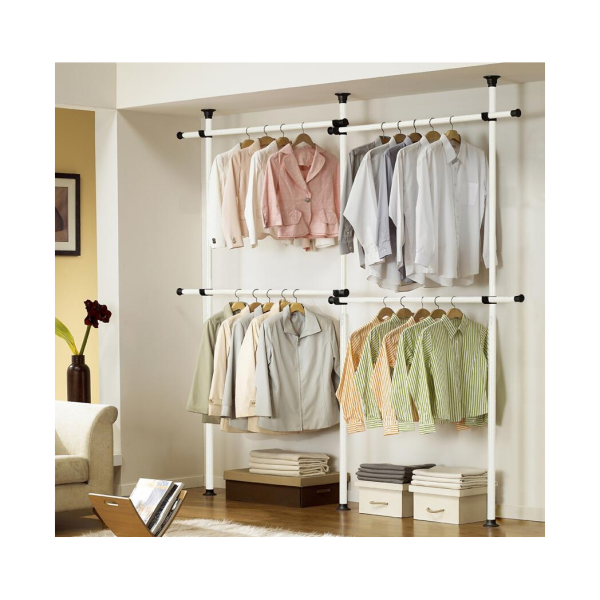 Double Telescopic Wardrobe Organiser Hanging Rail Clothes Rack Adjustable Storage Shelving