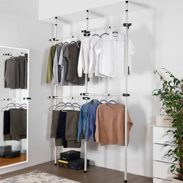 Double Telescopic Wardrobe Organiser Hanging Rail Clothes Rack Adjustable Storage Shelving - Image 3